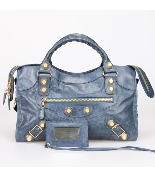 Balenciaga Motorcycle City Bag in pelle oro Sapphire Blue Oil